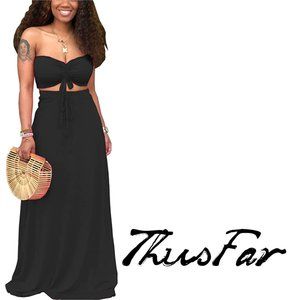 THUS FAR Drawstring Front Crop Top & Maxi Skirt Set     NEW Without Tag!